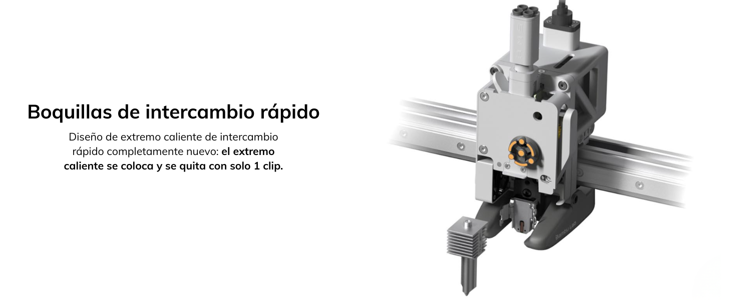 Mantenimiento rápido Boquillas de intercambio rápido Diseño de extremo caliente de intercambio rápido completamente nuevo: el extremo caliente se coloca y se quita con solo 1 clip.